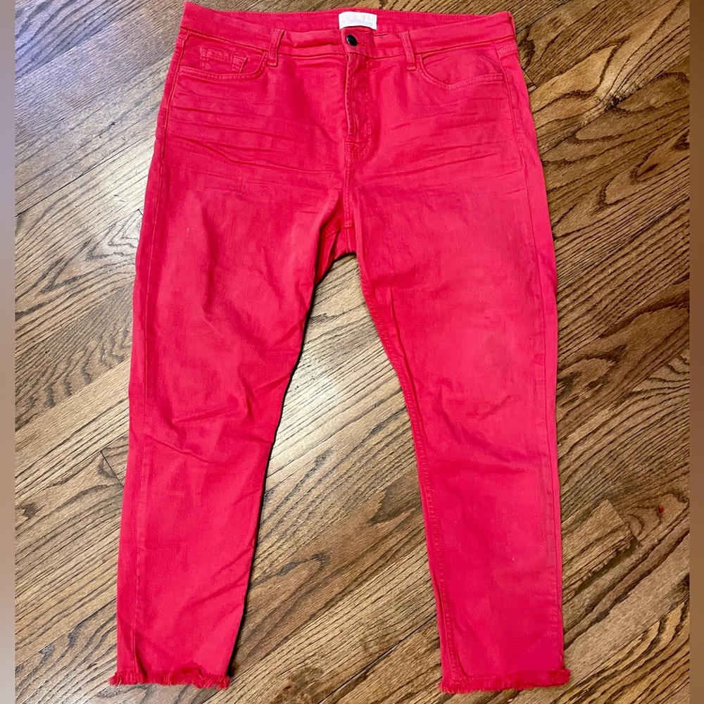 JEN7 BY 7 FOR ALL MANKIND Cropped Frayed Hem Skinny Jean, Red, size 14–like new - Picture 6 of 7